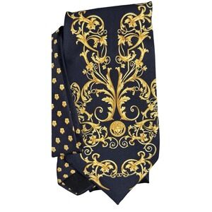 Versace Silk Tie Navy Gold Baroque Medusa Italy Designer Statement